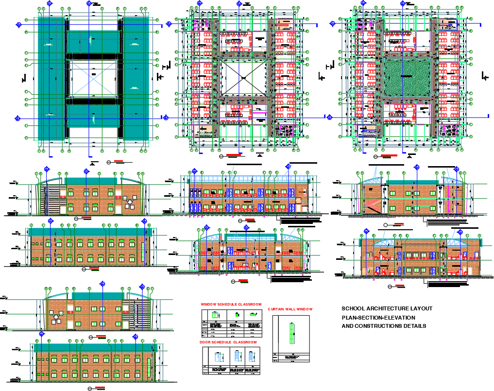 School Architecture Layout Plan and Elevation DWG File