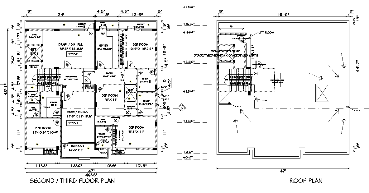 Second floor plan and roof plan detail dwg file