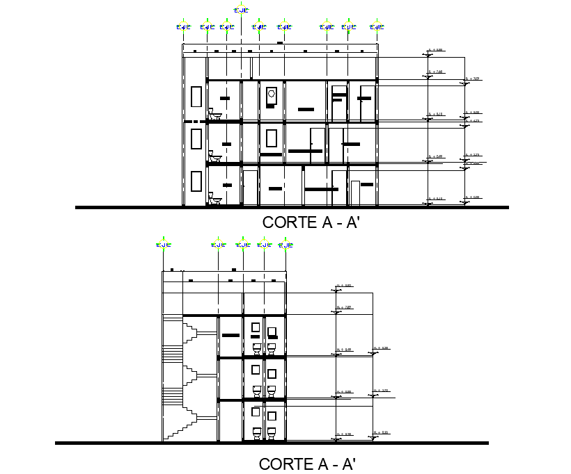 Section Building of three levels plan detail dwg file