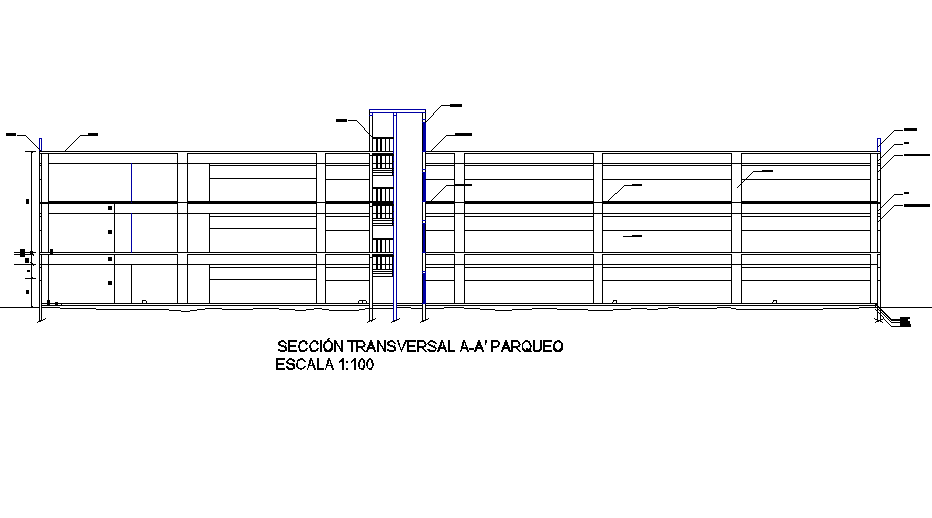 Section Building with park 4 levels plan detail dwg file