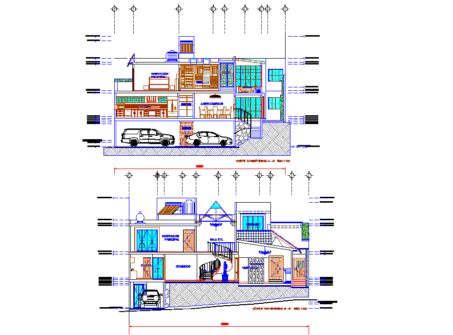 Section Estate 3 levels sloping dwg file