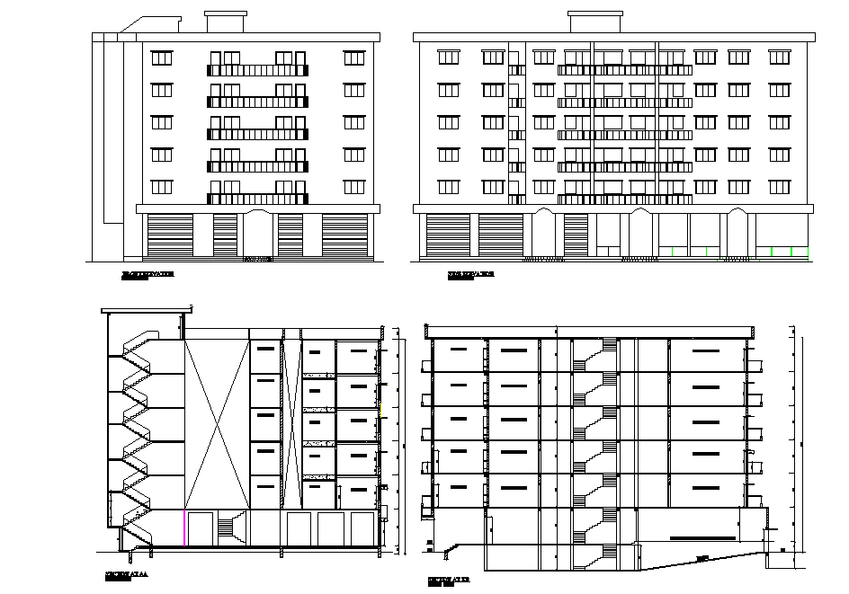 Section and elevation Commercial complex vegetable market plan
