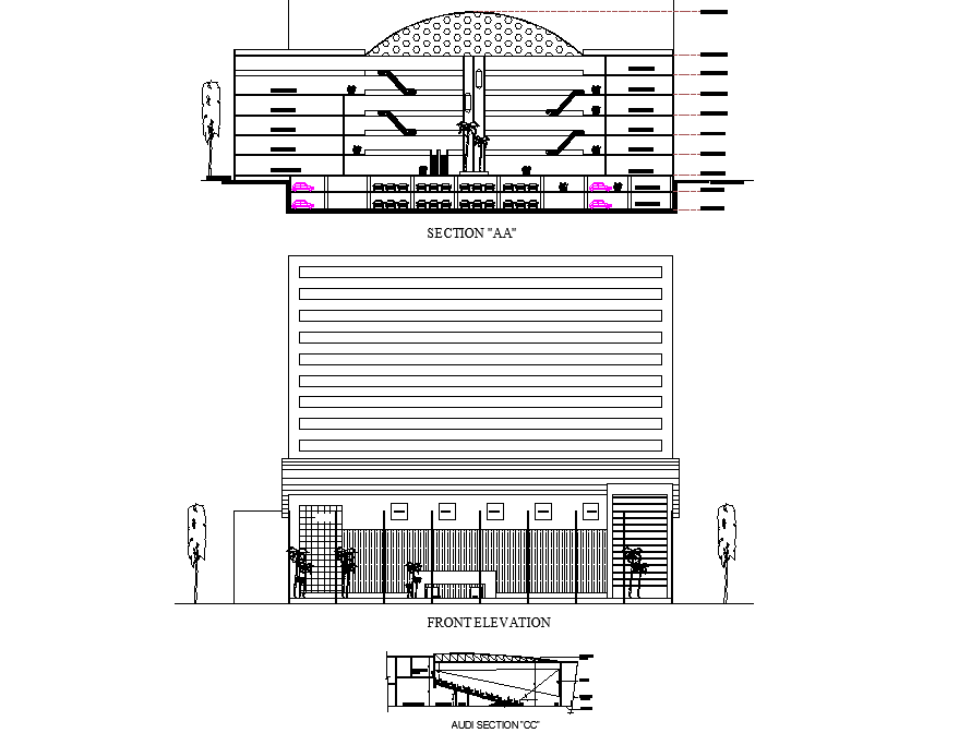 Section and elevation shopping mall autocad file