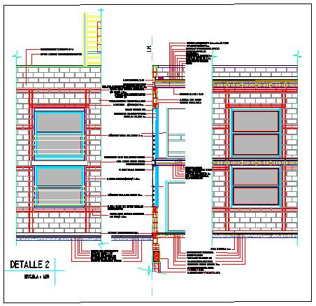 Section drawing  by elevation with walls in concrete blocks and lintel level design drawing