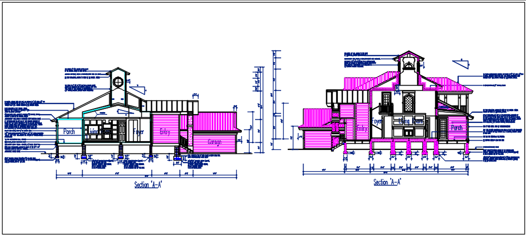 Section elevation view of house detail dwg file