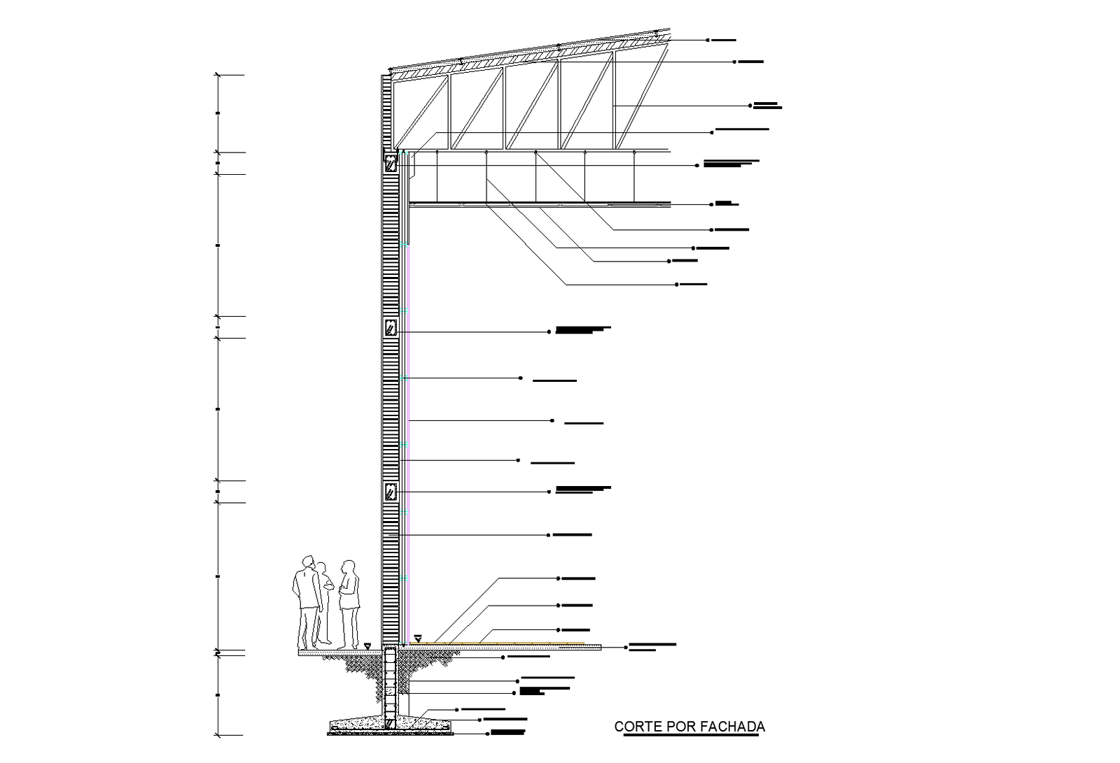 Section facade of building with a metallic plan detail dwg file.