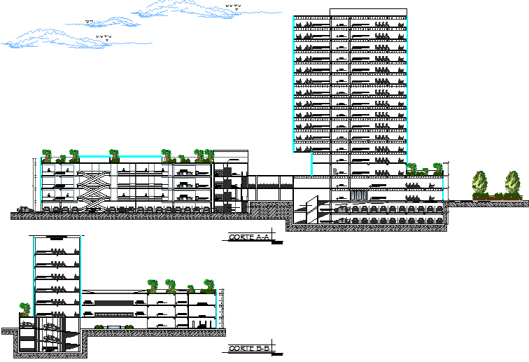 Section shopping office complex detail dwg file