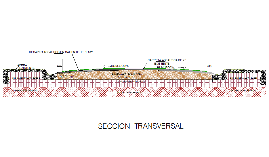 Section view of construction with asphalt view dwg file