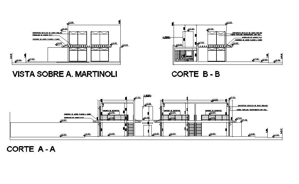 Sectional detail and elevation of a building dwg file