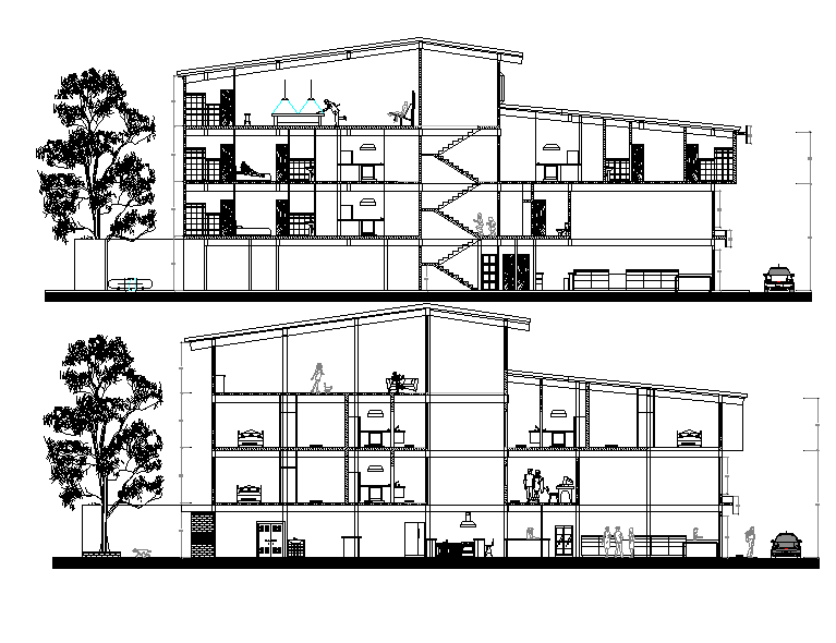 Sectional detail and elevation of a building dwg file