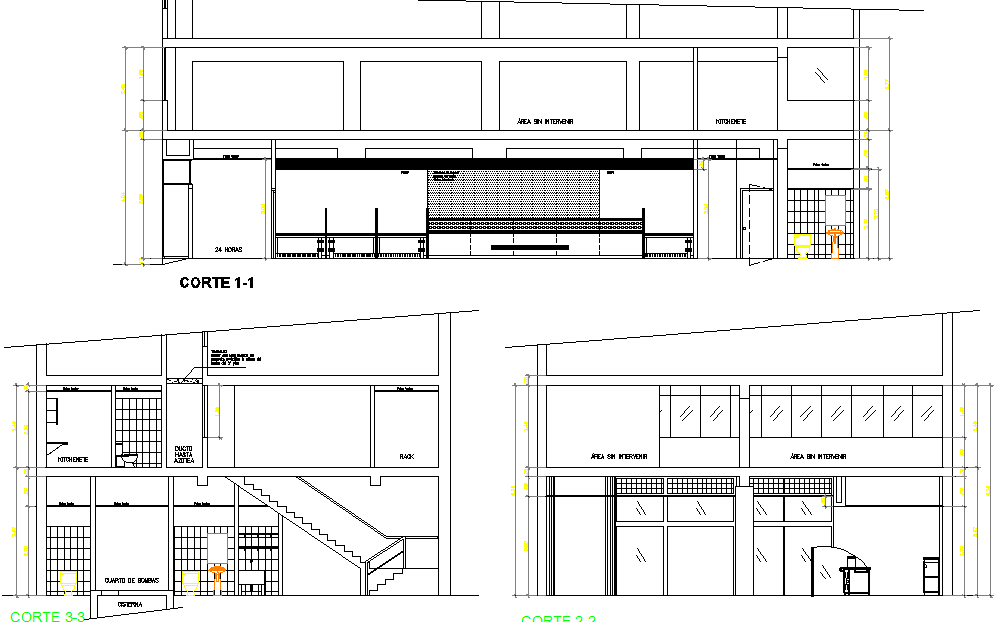 Sectional detail and elevation of a building dwg file