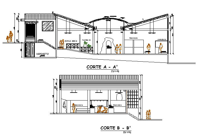 Sectional detail and elevation of a building dwg file