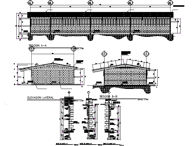 Sectional detail and elevation of a building dwg file