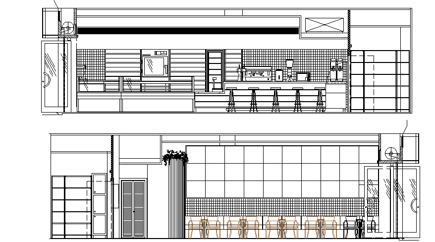 Sectional detail and elevation of a cafe dwg file