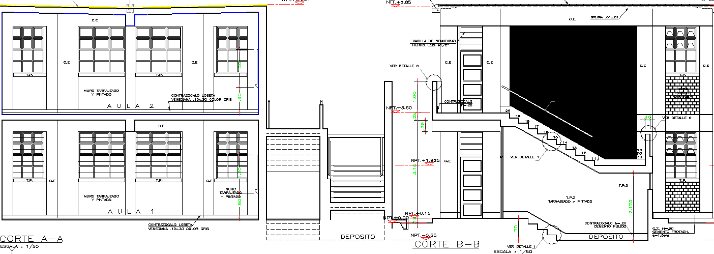 Sectional detail and elevation of a classroom dwg file