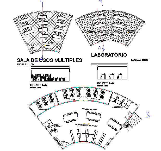 Sectional detail and elevation of a research center dwg file