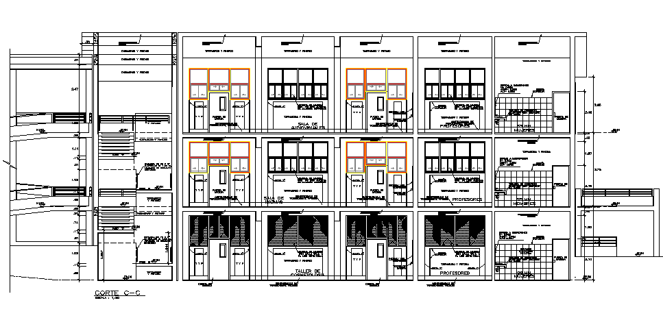 Sectional detail and elevation of a school dwg file