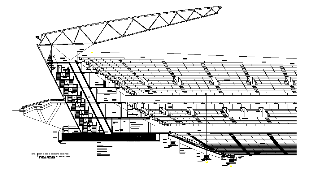 Sectional detail and elevation of a stadium