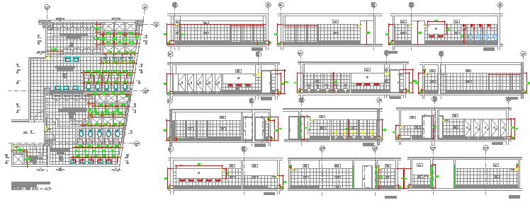 Sectional details with layout plan of city super market dwg file