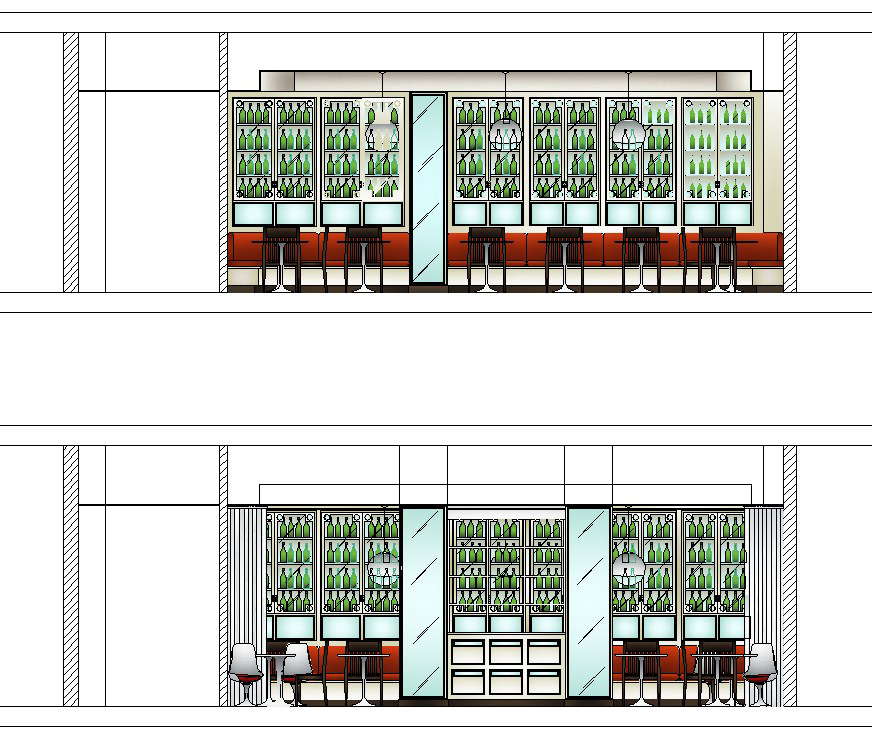 Sectional drawing of restaurant in autocad