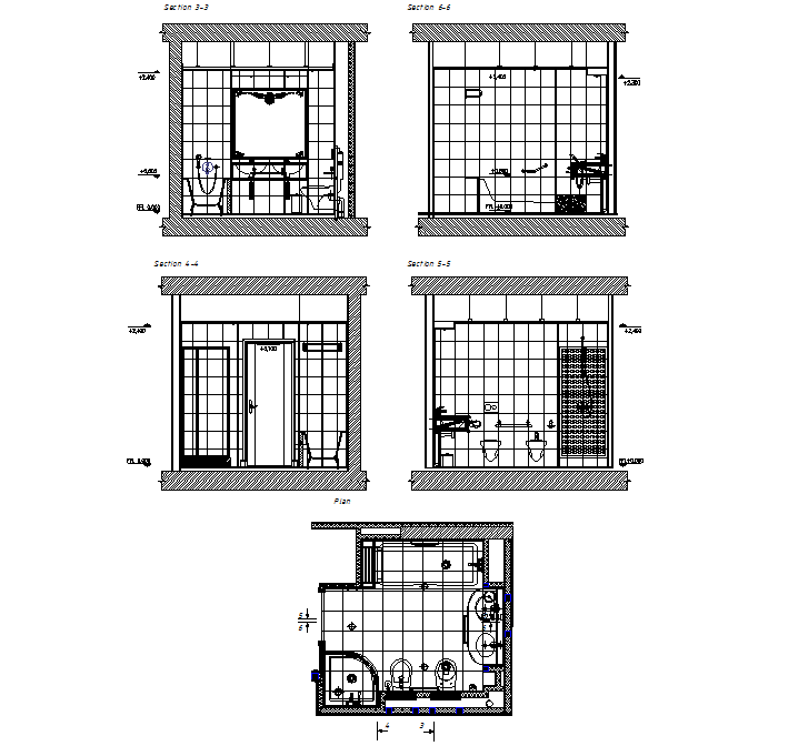 Sectional elevation design of bathroom dwg file