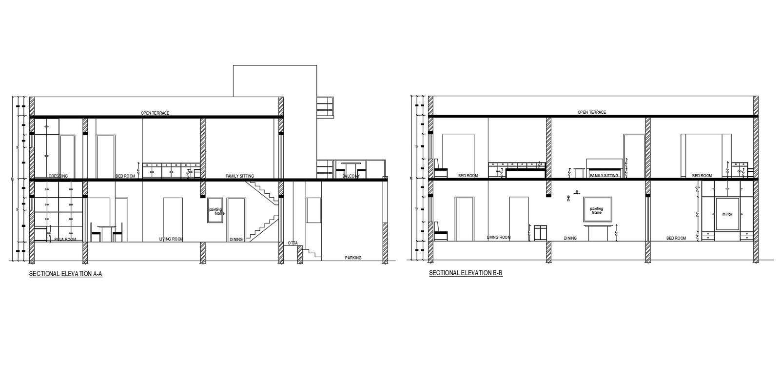 Sectional elevation of 2 storey house in AutoCAD 