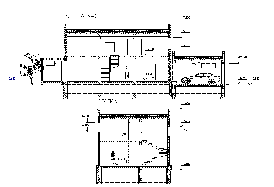 Sectional elevation of a house with level detailing dwg file