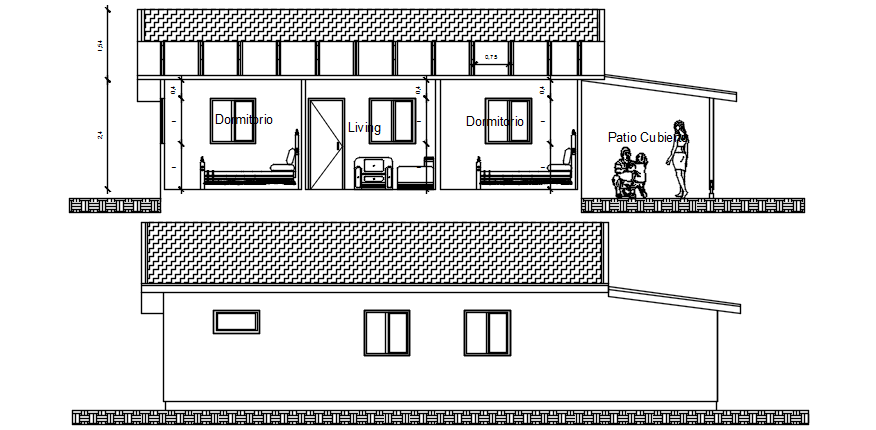 Sectional elevations of bungalow in dwg file