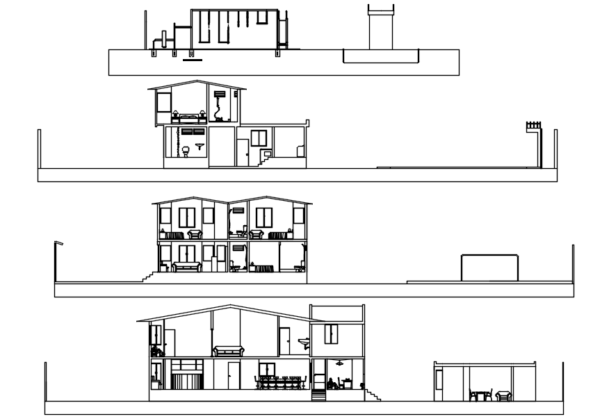 Sectional elevations of bungalow in dwg file