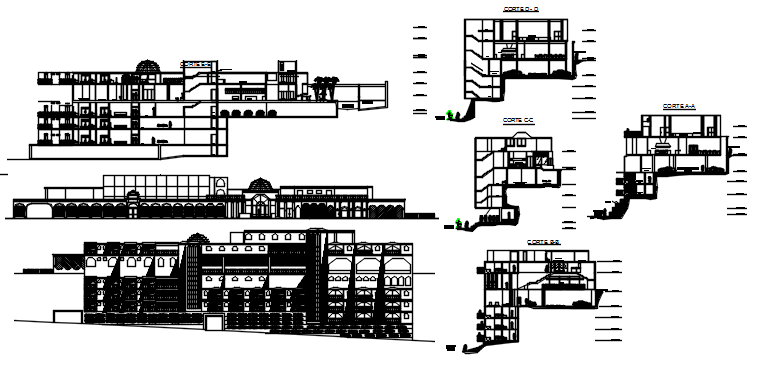 Sectional elevations of hotel in dwg file 