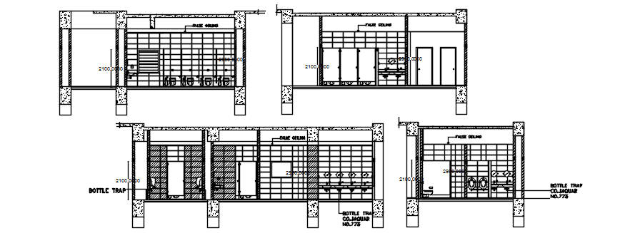 Sectional elevations of toilet in dwg file 