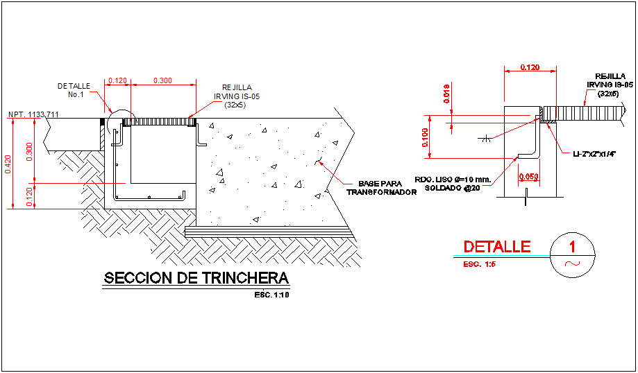 Sectional view of trench construction view dwg file 