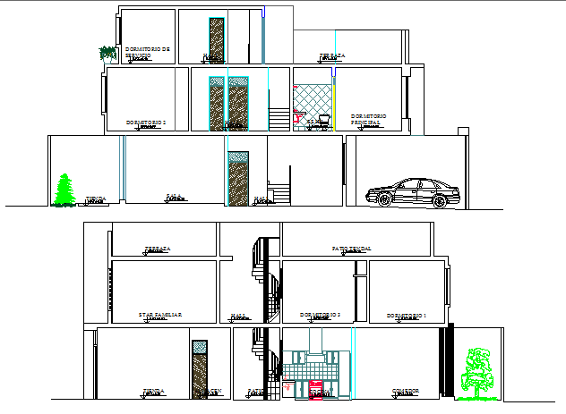 Sectional view of two level bungalow design dwg file