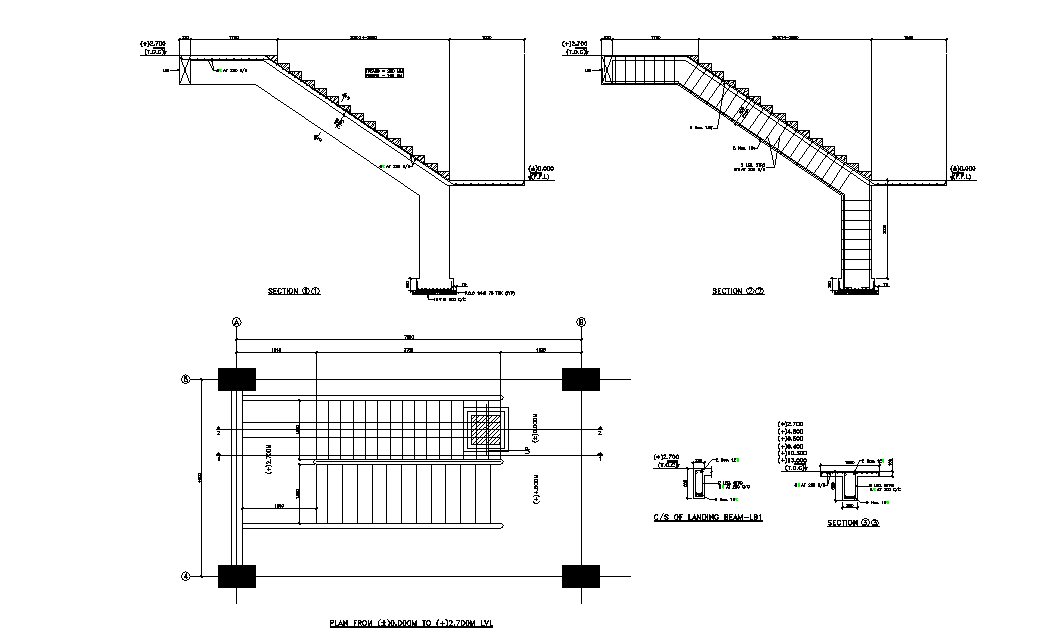 Sectional Layout of staircase and Cross sectional plan of landing beam. Download AutoCAd DWG file.