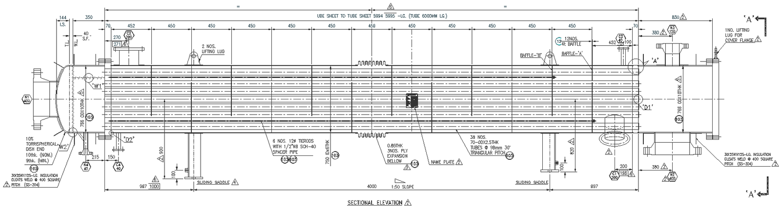 Sectional elevation detail of UBE SHEET to TUBE SHEET DWG AutoCAD drawing