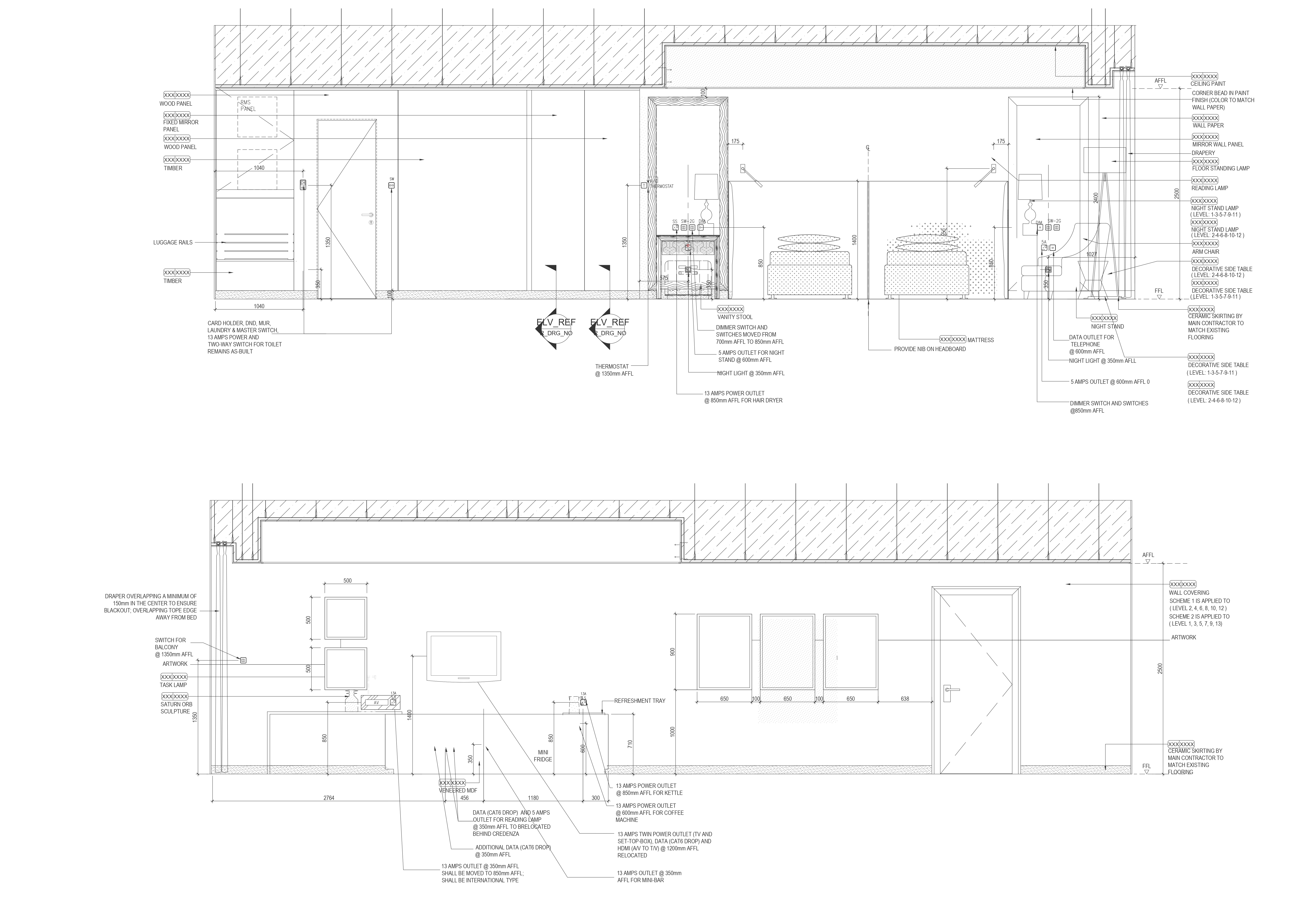 Sectional elevation detail of bedroom and mini bar area in specious bungalow DWG AutoCAD drawing