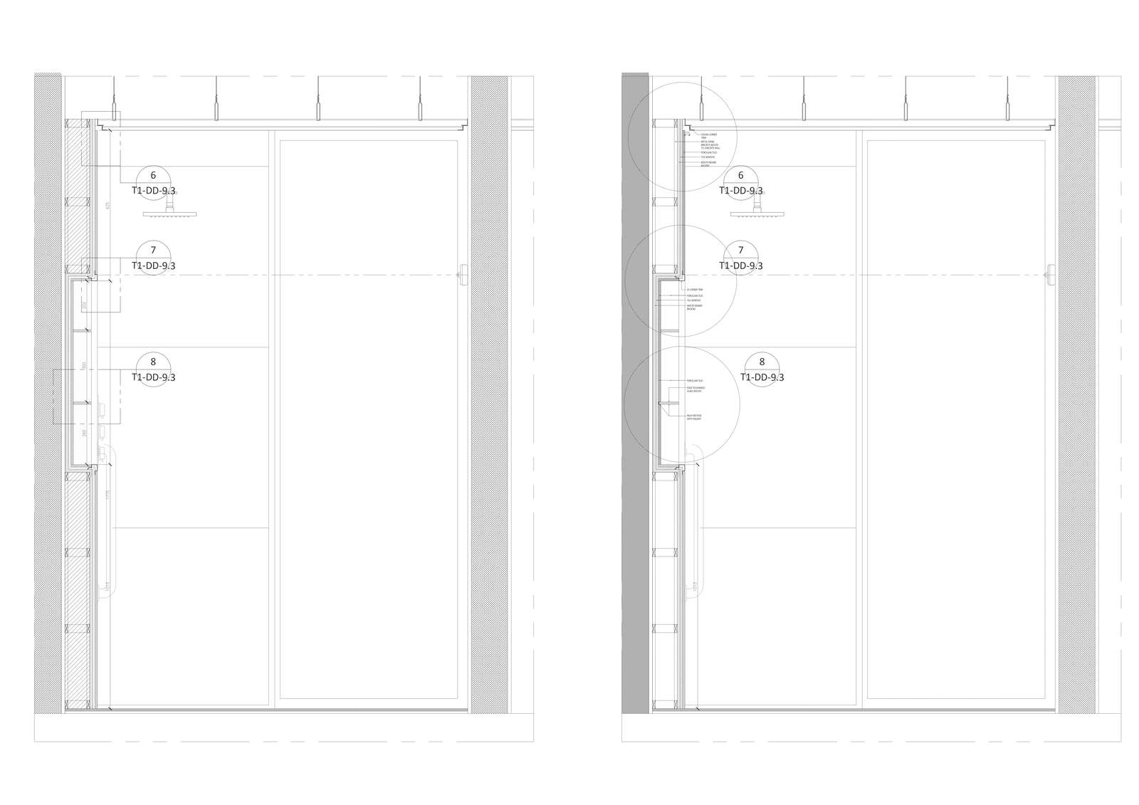Sectional elevation for shower area with detail of fixed toughened glass installation DWG AutoCAD drawing