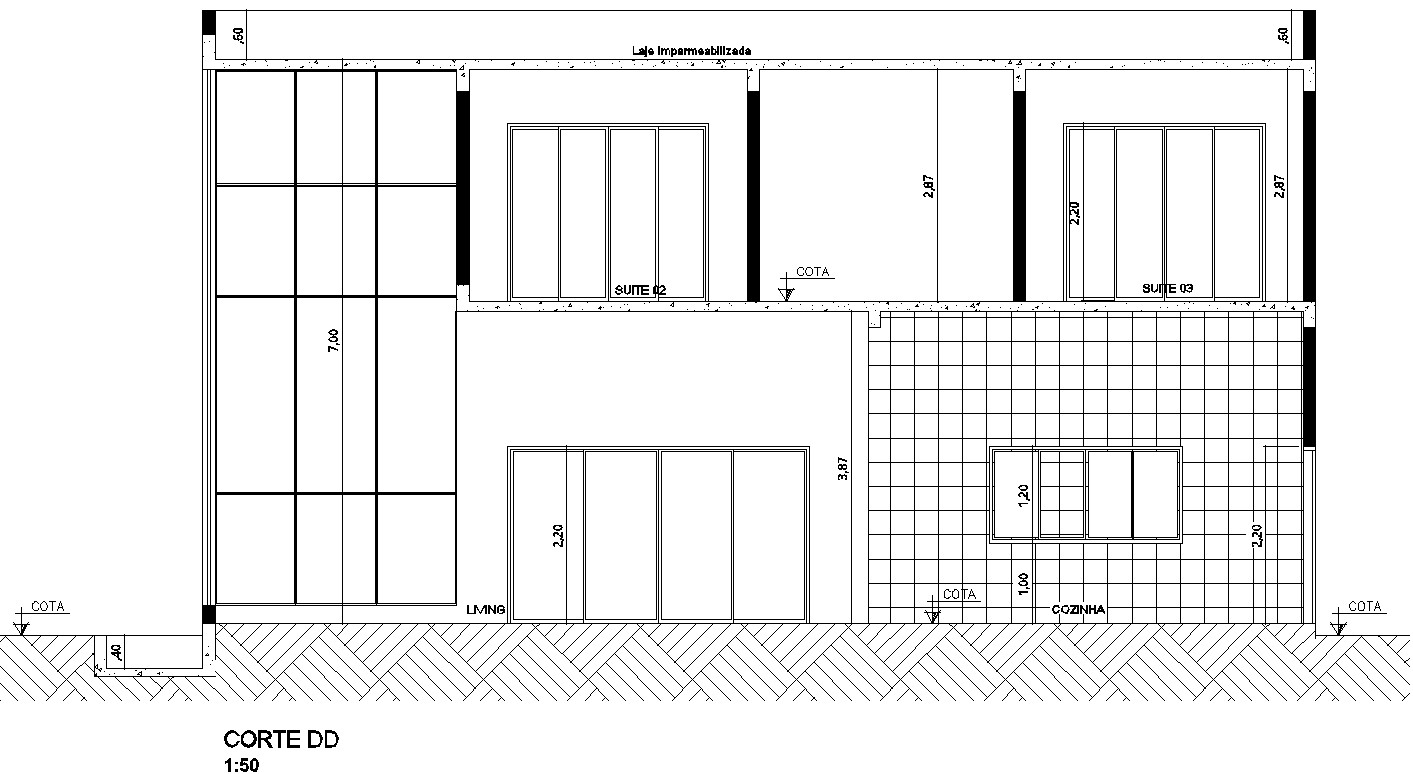 Sectional elevation of  2 story bungalow.