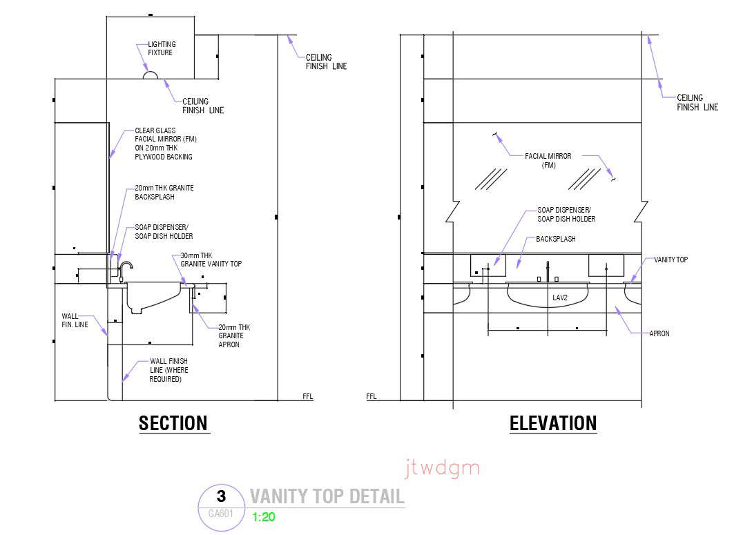 Section and elevation of vanity top detail in AutoCAD 2D drawing, dwg file, CAD file
