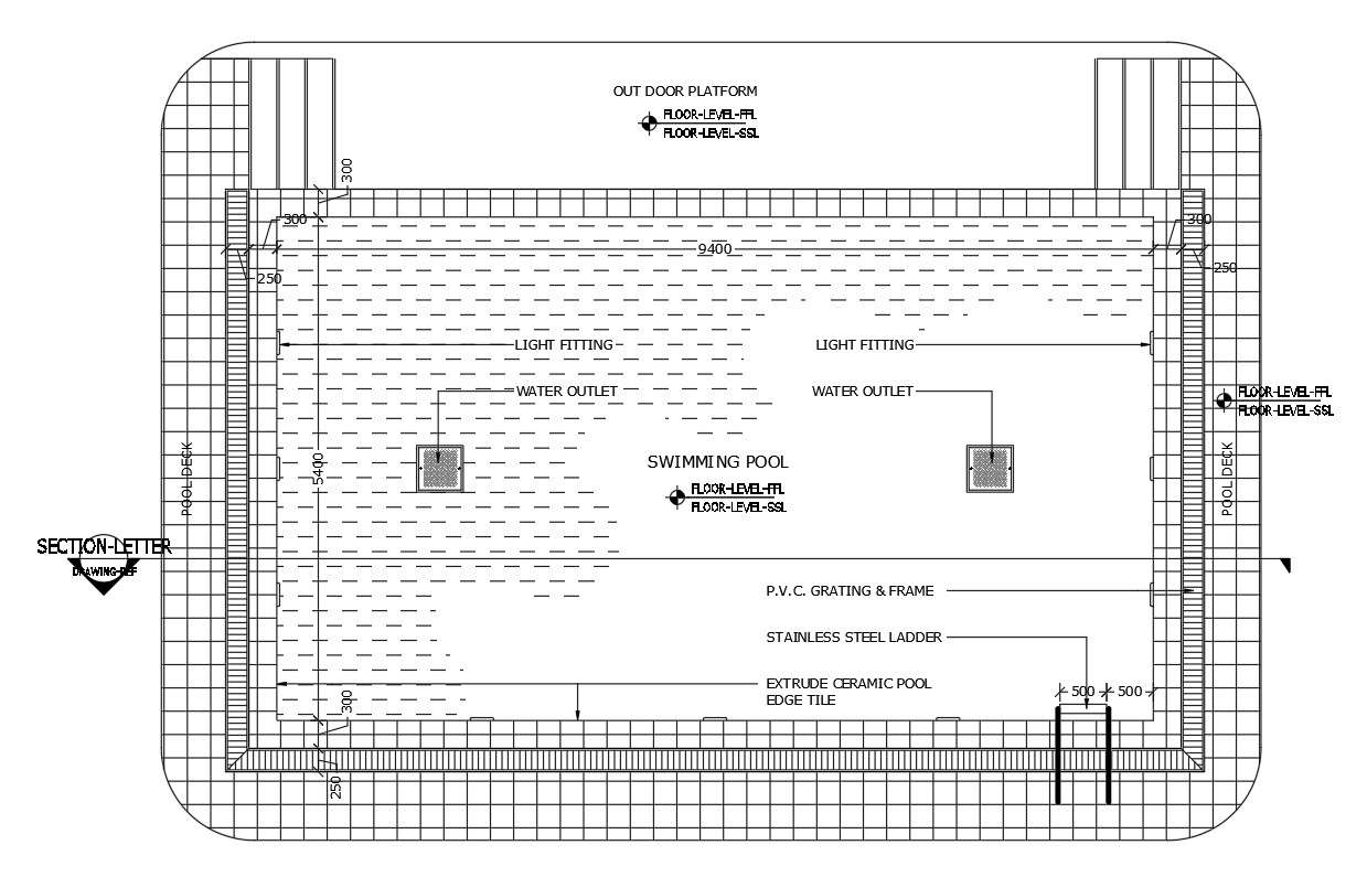 Section detail plan of Swimming pool in AutoCAD, dwg file.