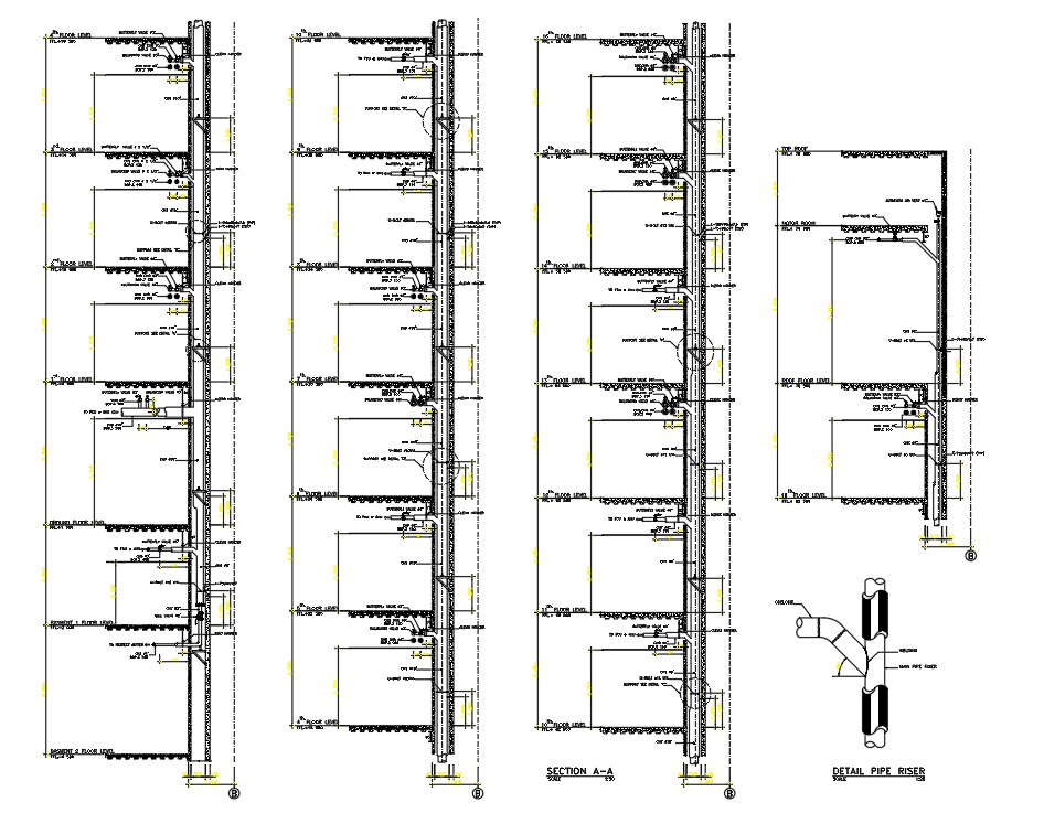 Section details Chill water riser of the hospital building shown in the 2D AutocAD DWG drawing file.  Download the Autocad 2D DWG drawing file.