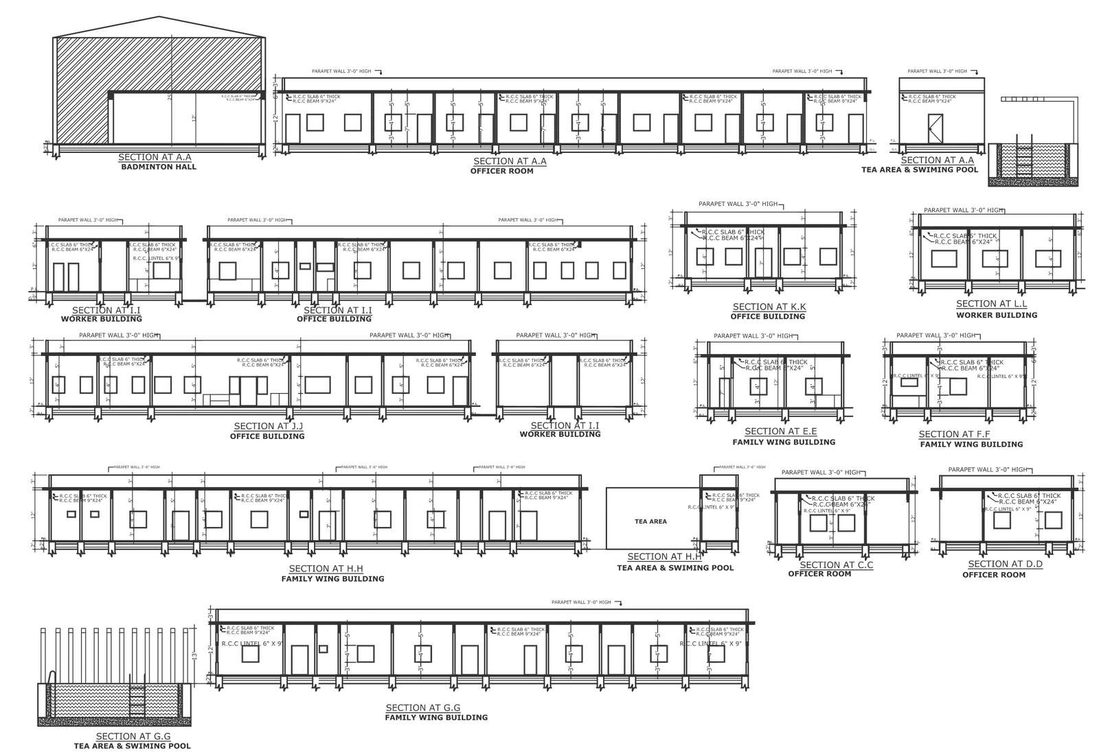 Section details for different buildings like offices family wing worker building and swimming pool DWG autoCAD autoCAD