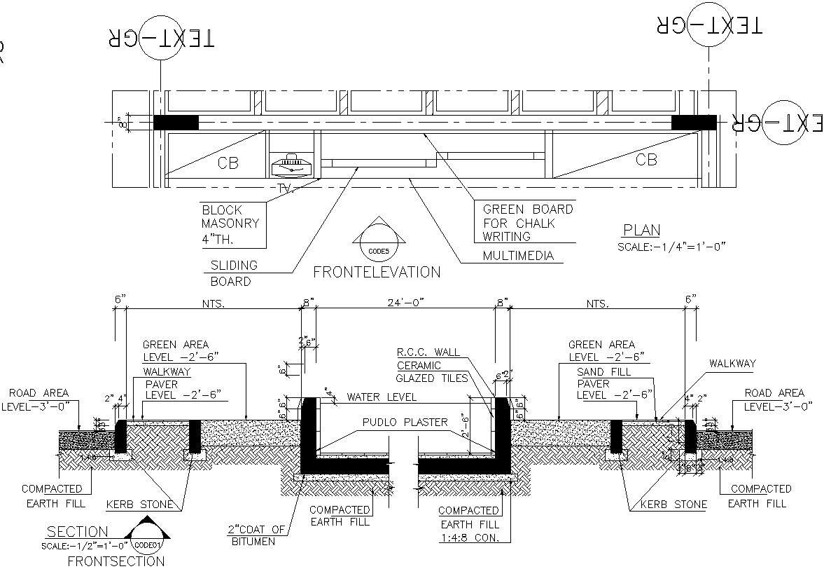 Section drawing of Fountain and walkway detail in AutoCAD, dwg file.