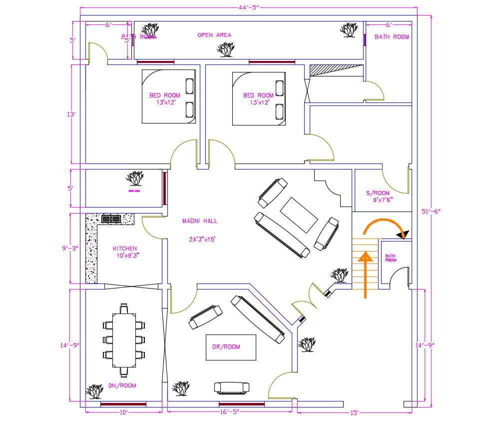 Semi-Furnished House Cad Plan
