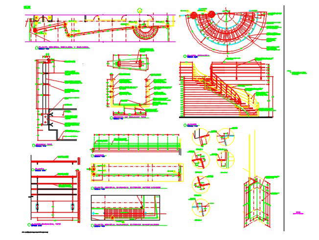Semi-circular Staircase section and handrailing elevation detail dwg file, 