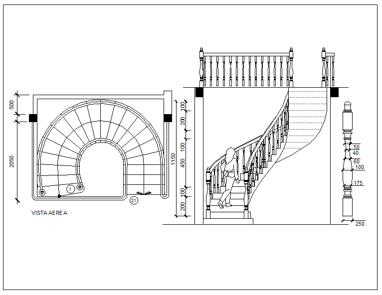 Semi-spiral type stairway detail view dwg file