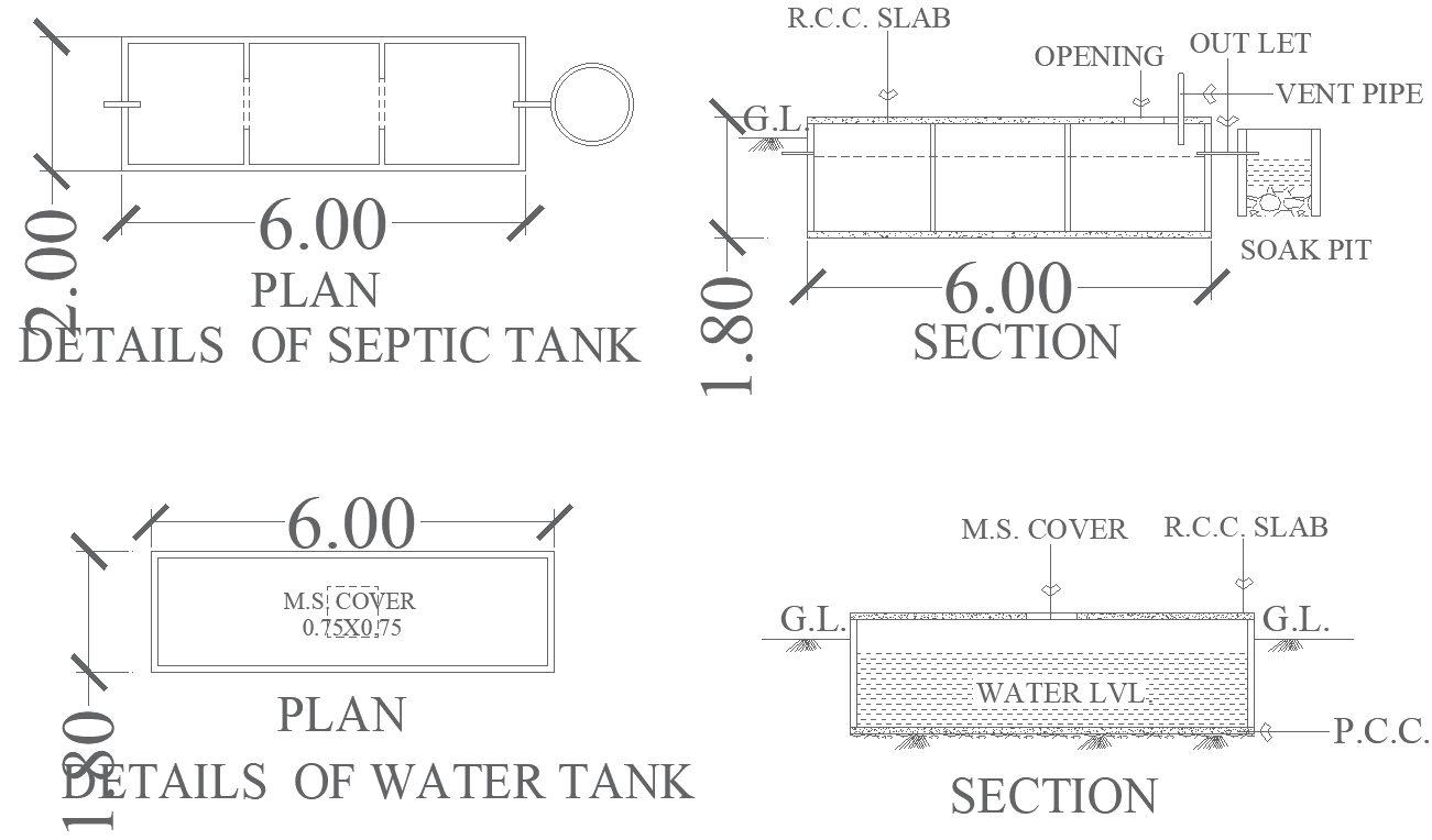 Septic Tank and Water Tank Section Plan DWG Layout