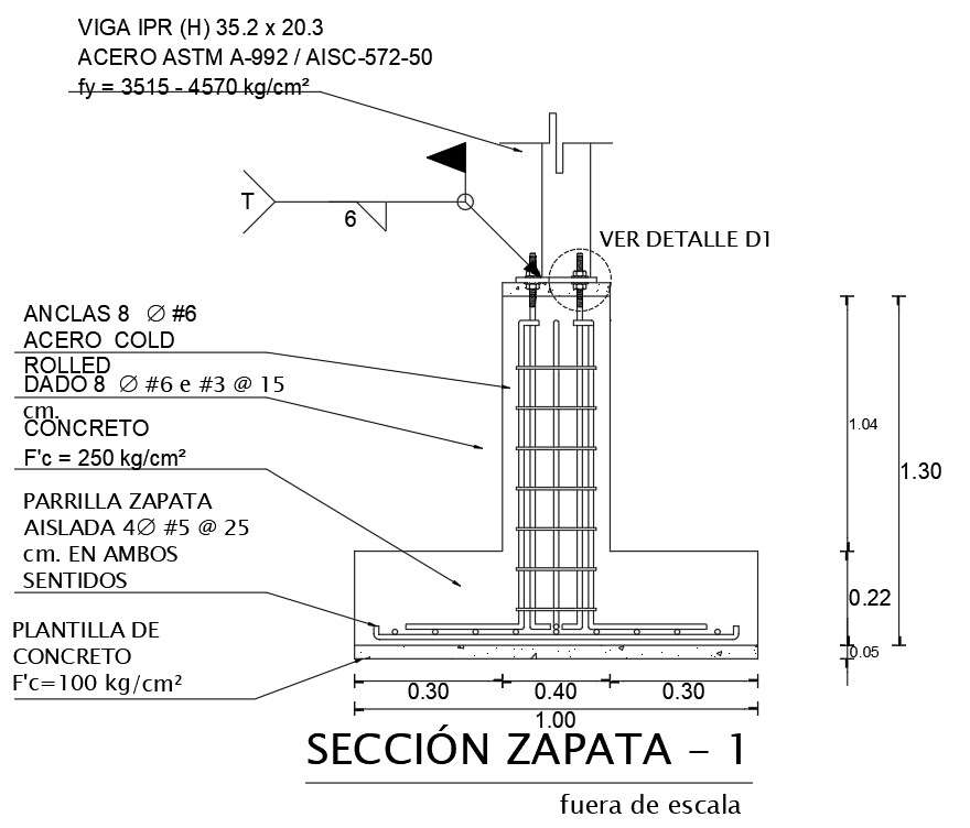 Shoe section Reinforcement Footing detail structure defined in this file | Download 2d autocad drawing file.