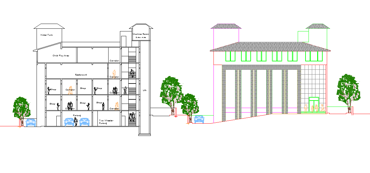 Shopping mall complex elevation