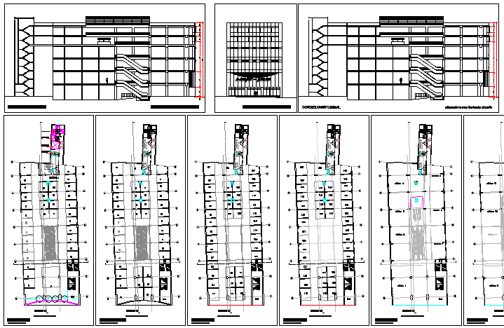 Shopping mall elevation, section and floor plan layout details dwg file